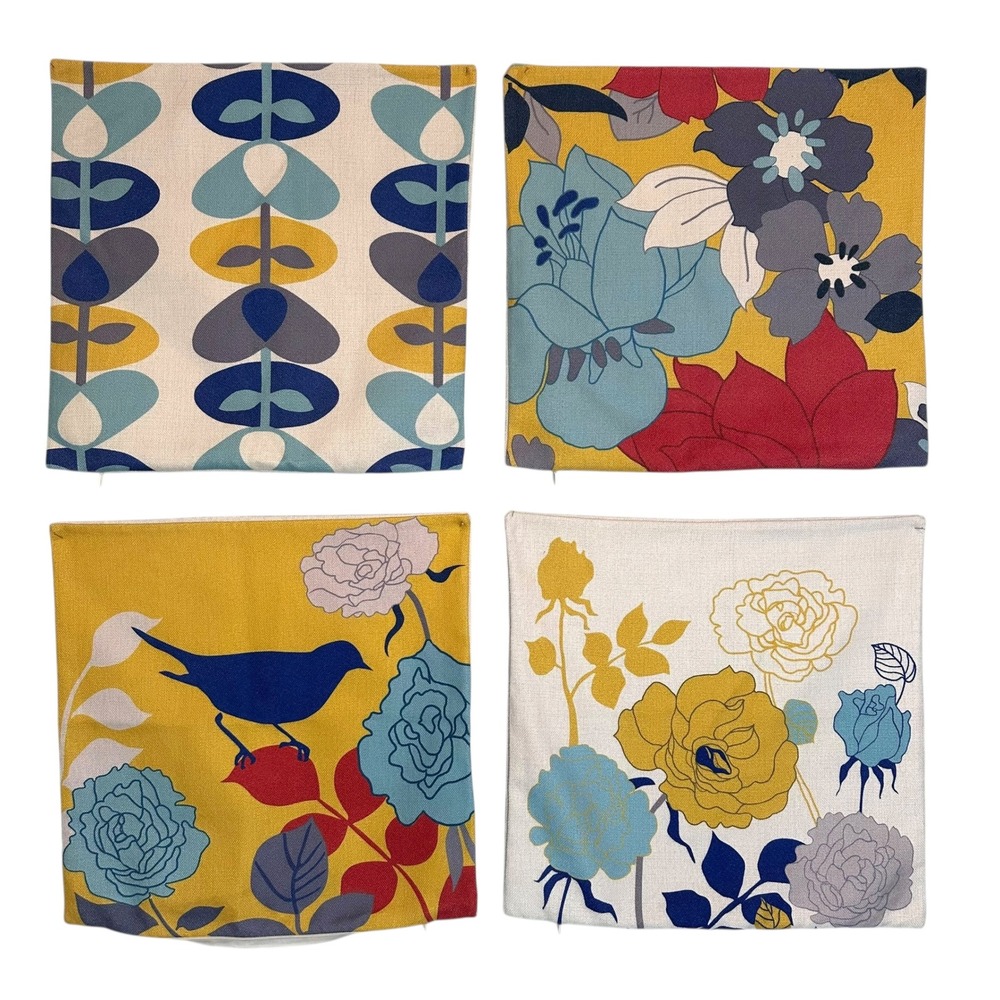 Scandi Modern Pillow Cover Set of Four Floral Bird Pillow Cotton Linen Retro MCM